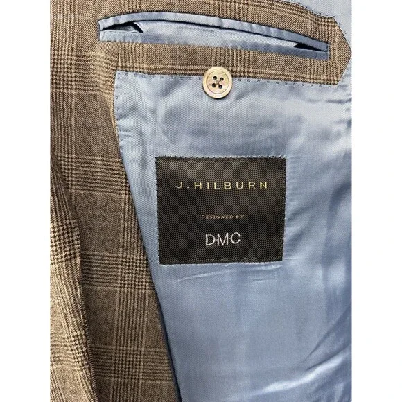 J Hilburn Mens Brown Glen Check Soft Wool Blazer 46L MSRP $1299